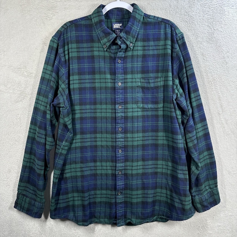 Lands' End Traditional Fit Flannel Shirt Men's XLT Black Watch Plaid Blue Green